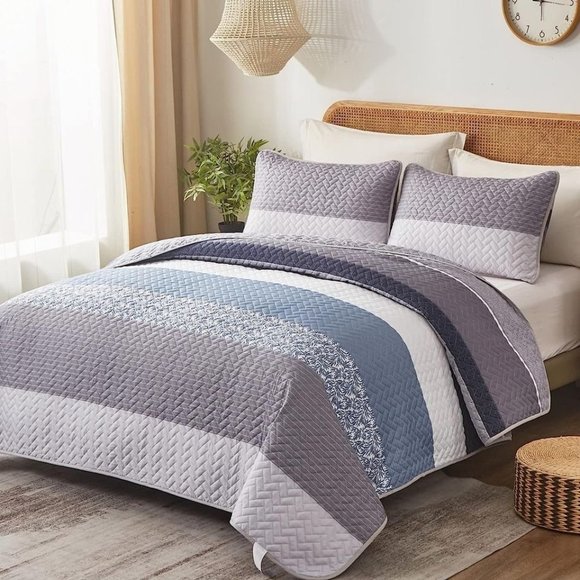 New Boho Blue & Grey 3 PC Bedding 100% Polyester Quilt Set • Reversible • KING - Picture 5 of 8